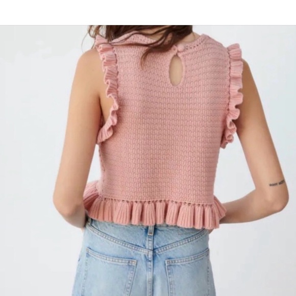 Zara Pink Ruffle Knit Sleeveless Crop Top Medium Crochet, Boho Romantic Style - Picture 2 of 10